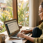 wanita sedang menulis artikel blogging