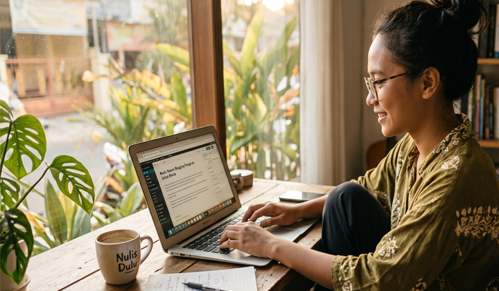 wanita sedang menulis artikel blogging